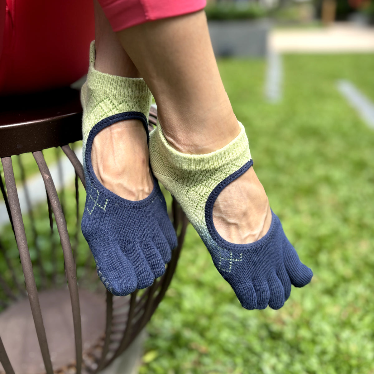 Blue Green Full Toe Pilates Ankle Grip Socks