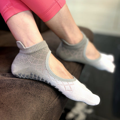 Pink Grey Full Toe Pilates Ankle Grip Socks